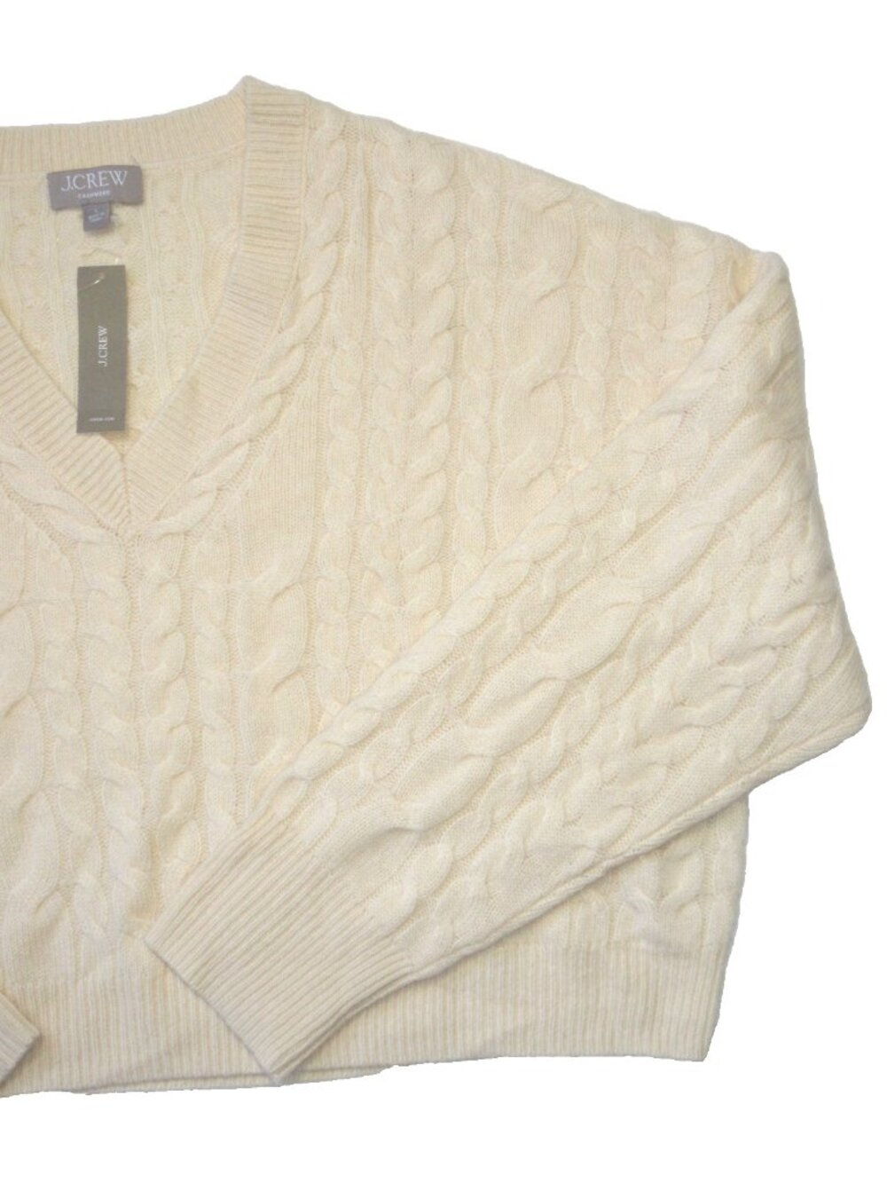 NWT J.Crew Cashmere Cropped Cable-knit V-neck Sweater in Warm Sesame Ivory L - Picture 7 of 9